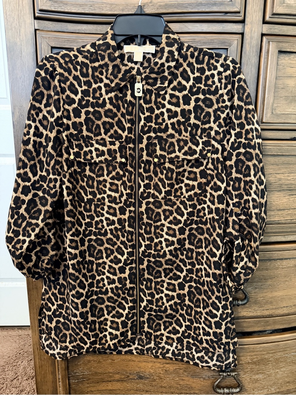 Michael Kors Leopard-Print Zip Front Utility Jacket - Beige & Black
